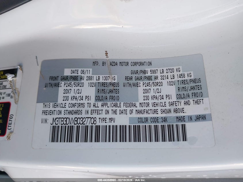 2011 Mazda Cx-9 Grand Touring VIN: JM3TB3DVXB0327708 Lot: 44358965