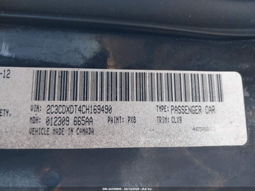 2012 Dodge Charger R/T VIN: 2C3CDXDT4CH169490 Lot: 44358988