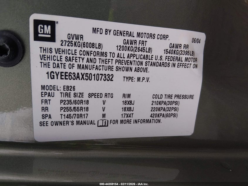 2005 Cadillac Srx V8 VIN: 1GYEE63AX50107332 Lot: 44359154