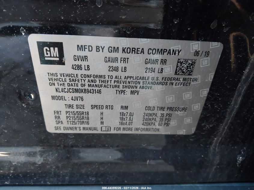 2019 Buick Encore Fwd Essence VIN: KL4CJCSM0KB943146 Lot: 44359226