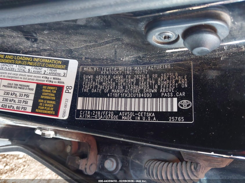 2012 TOYOTA CAMRY SEDAN 2.5L I-4 DOHC, VVT, 178HP