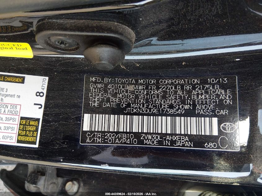 2014 Toyota Prius Two VIN: JTDKN3DU9E1738549 Lot: 44359624