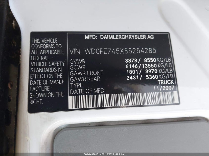 2008 Dodge Sprinter Van 2500 VIN: WD0PE745X85254285 Lot: 44360101