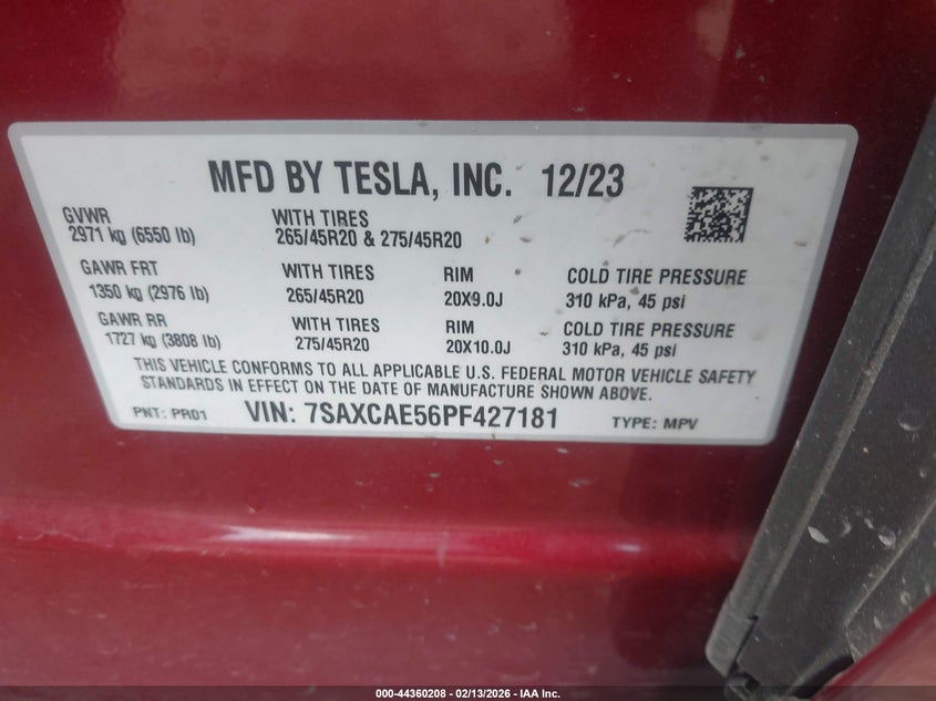 2023 Tesla Model X Dual Motor All-Wheel Drive/Standard Range VIN: 7SAXCAE56PF427181 Lot: 44360208