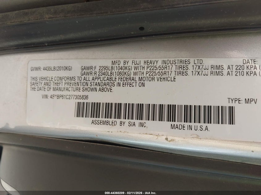 2007 Subaru Outback 2.5I VIN: 4S4BP61C277305836 Lot: 44360209