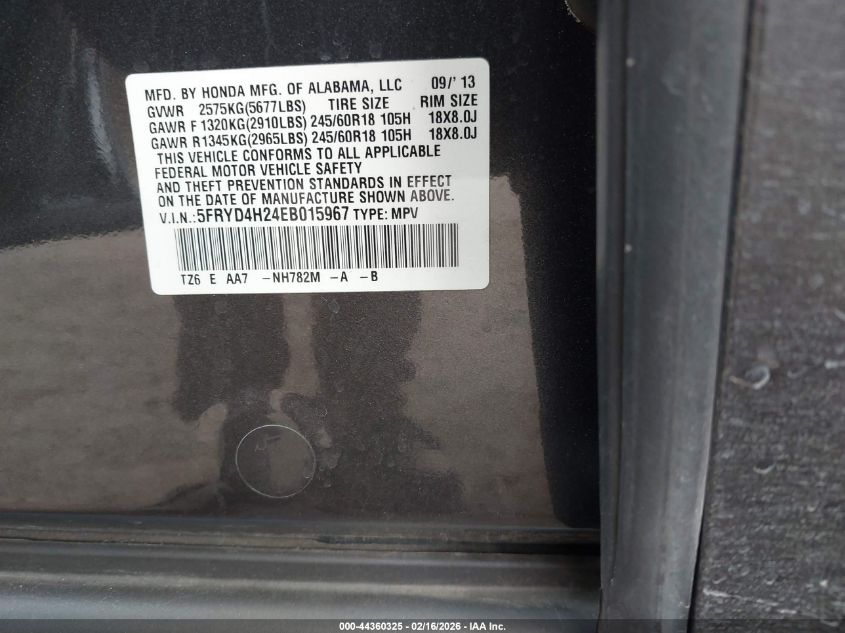 2014 Acura Mdx VIN: 5FRYD4H24EB015967 Lot: 44360325