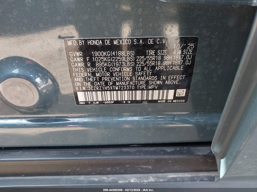 VIN 3CZRZ1H5XTM723370 2026 HONDA HR-V 2WD SPORT