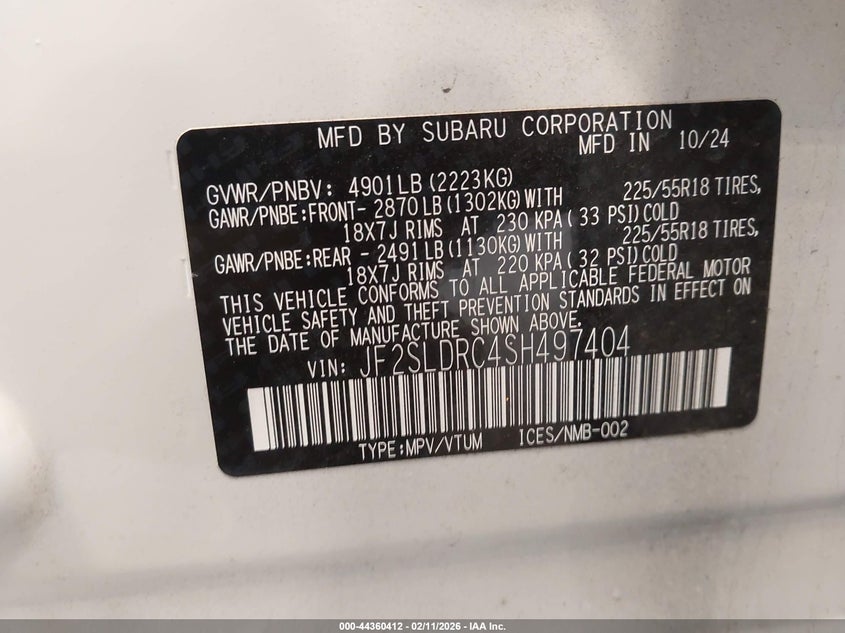 2025 SUBARU FORESTER(VIN: JF2SLDRC4SH497404