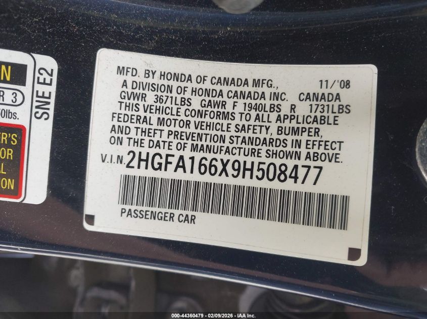 2009 Honda Civic Lx-S VIN: 2HGFA166X9H508477 Lot: 44360479