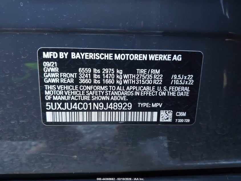 2022 BMW X5 M50I VIN: 5UXJU4C01N9J48929 Lot: 44360662
