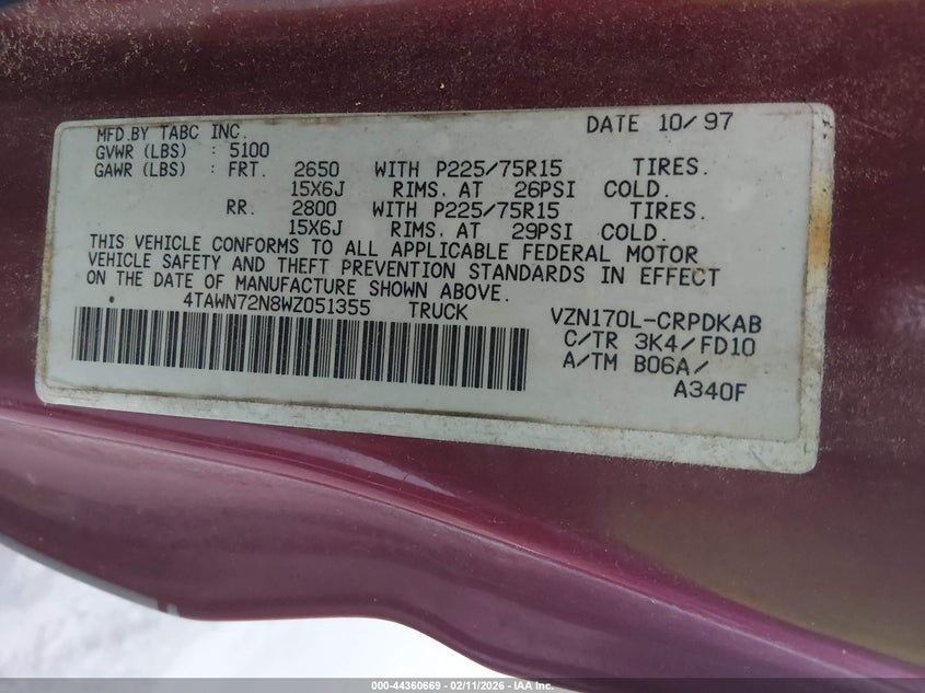 1998 Toyota Tacoma Base V6 VIN: 4TAWN72N8WZ051355 Lot: 44360669