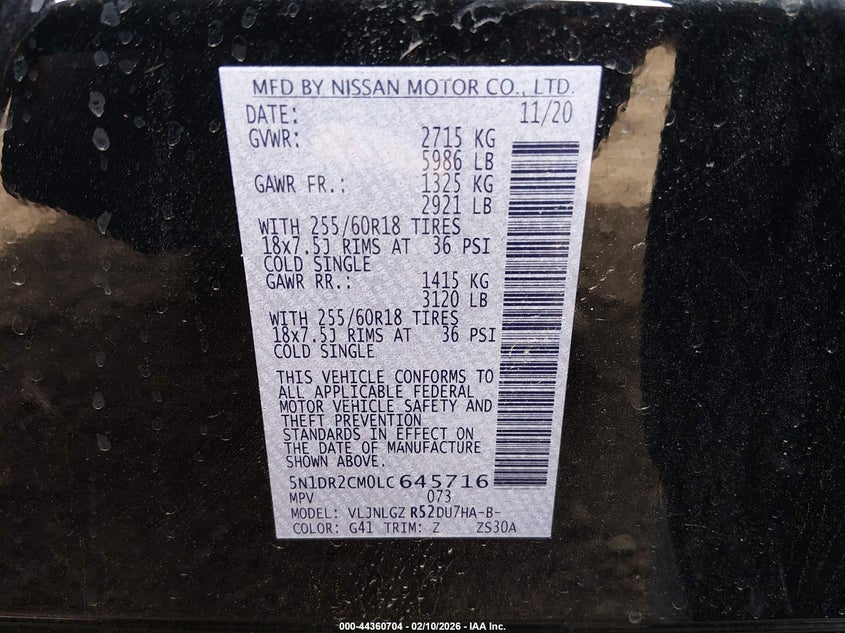 VIN 5N1DR2CM0LC645716 2020 NISSAN PATHFINDER SL 4WD