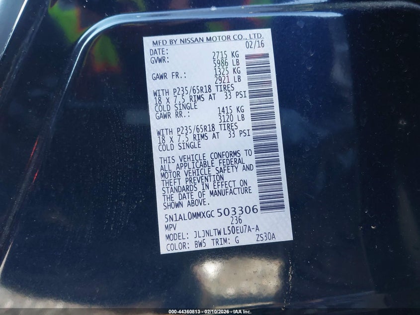 2016 Infinity Qx60 Awd VIN: 5N1AL0MMXGC503306 Lot: 44360813