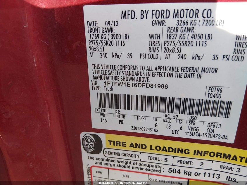 2013 Ford F-150 Platinum VIN: 1FTFW1ET6DFD81986 Lot: 44360827