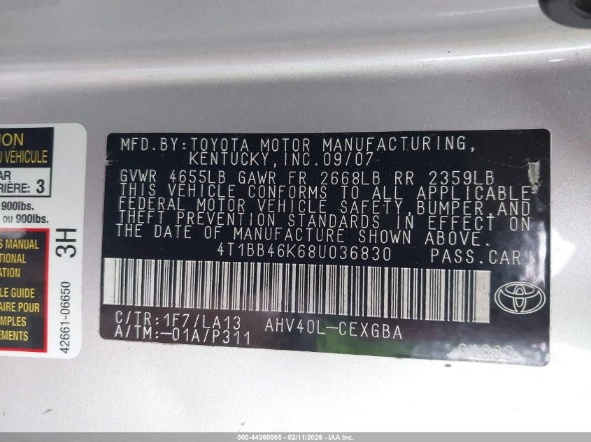 2008 Toyota Camry Hybrid VIN: 4T1BB46K68U036830 Lot: 44360865