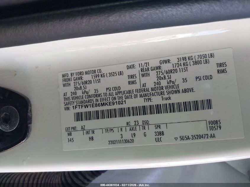 2021 Ford F-150 Lariat VIN: 1FTFW1E86MKE91021 Lot: 44361034