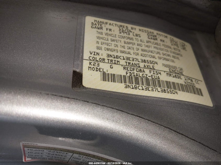 2007 Nissan Versa 1.8Sl VIN: 3N1BC13E37L385504 Lot: 44361164