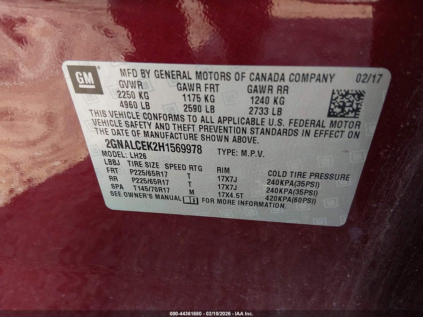 VIN 2GNALCEK2H1569978 2017 CHEVROLET EQUINOX LT