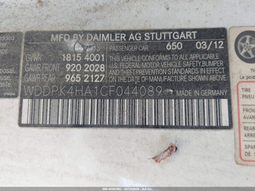 2012 Mercedes-Benz Slk 250 VIN: WDDPK4HA1CF044089 Lot: 44361862