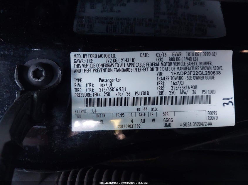 2016 Ford Focus Se VIN: 1FADP3F22GL280638 Lot: 44361953