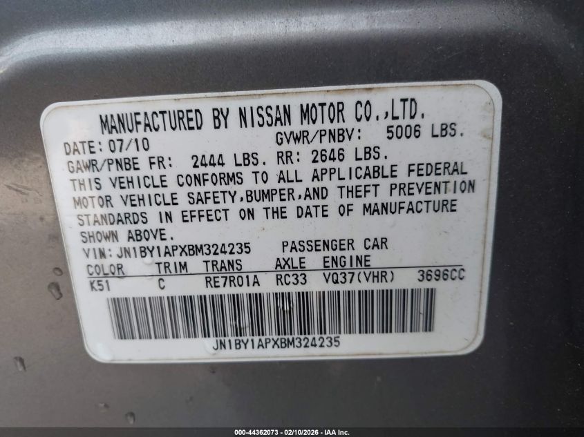 2011 Infiniti M37 VIN: JN1BY1APXBM324235 Lot: 44362073