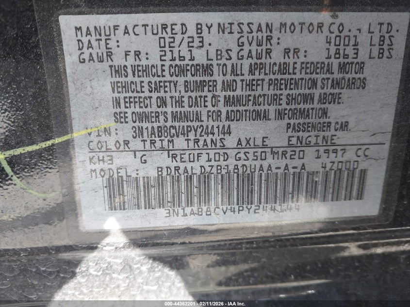 2023 Nissan Sentra Sv Xtronic Cvt VIN: 3N1AB8CV4PY244144 Lot: 44362201