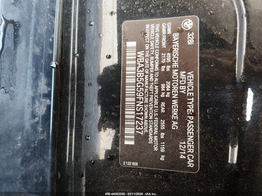 2015 BMW 328I xDrive VIN: WBA3B5G59FNS17237 Lot: 44362255