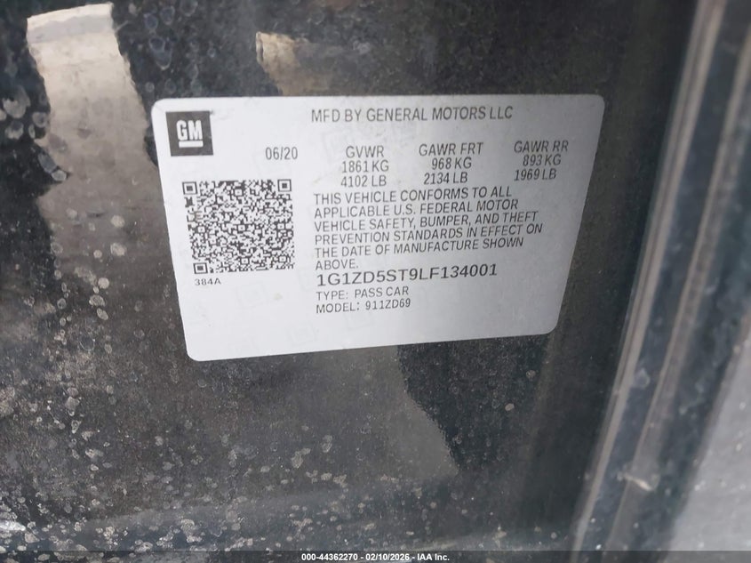 2020 Chevrolet Malibu Fwd Lt VIN: 1G1ZD5ST9LF134001 Lot: 44362270