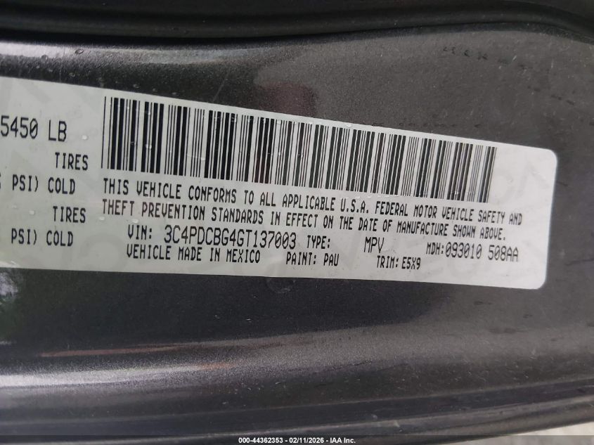 2016 Dodge Journey Sxt VIN: 3C4PDCBG4GT137003 Lot: 44362353