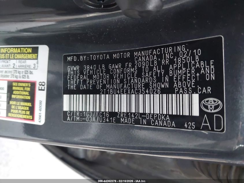 2010 Toyota Corolla Le VIN: 2T1BU4EEXAC354026 Lot: 44362376