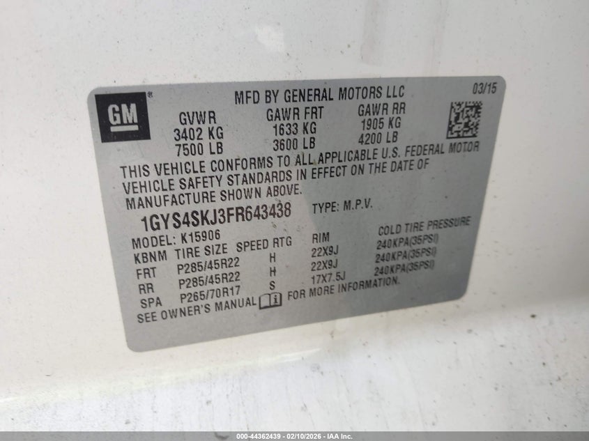 2015 Cadillac Escalade Esv Luxury VIN: 1GYS4SKJ3FR643438 Lot: 44362439