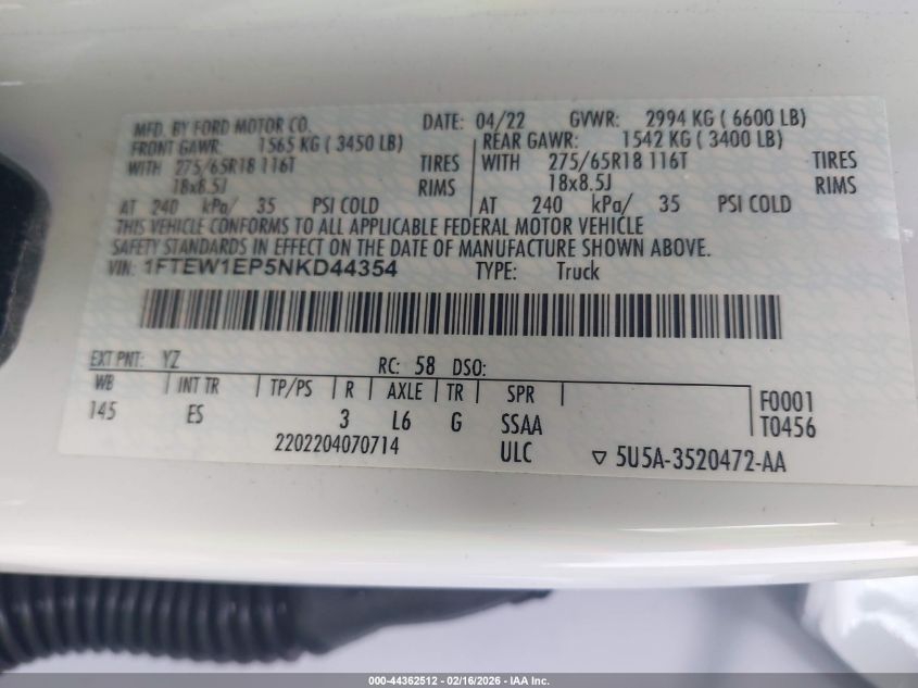 2022 Ford F-150 Lariat VIN: 1FTEW1EP5NKD44354 Lot: 44362512
