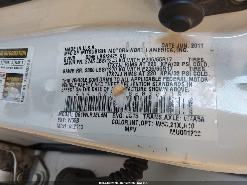2011 Mitsubishi Endeavor VIN: 4A4JN2AS6BE032239 Lot: 44362578