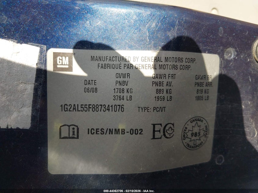 2008 Pontiac G5 Se VIN: 1G2AL55F887341076 Lot: 44362706