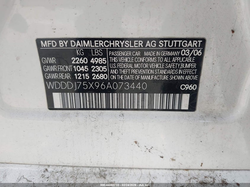 2006 Mercedes-Benz Cls 500 VIN: WDDDJ75X96A073440 Lot: 44362733