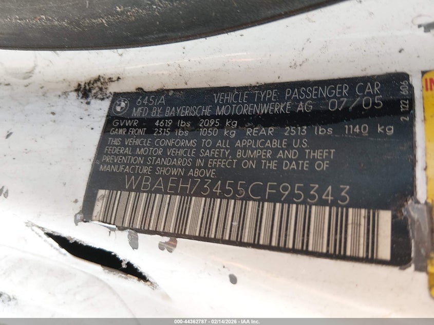 2005 BMW 645Ci VIN: WBAEH73455CF95343 Lot: 44362787