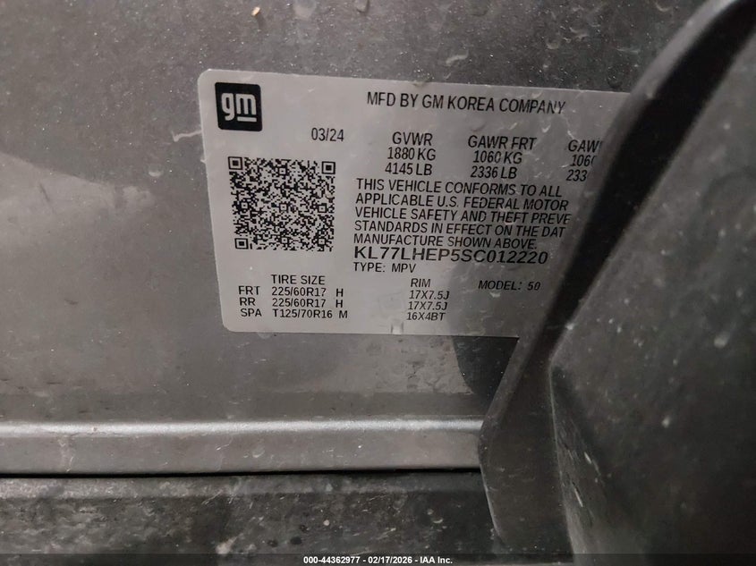 2025 Chevrolet Trax Fwd Lt VIN: KL77LHEP5SC012220 Lot: 44362977