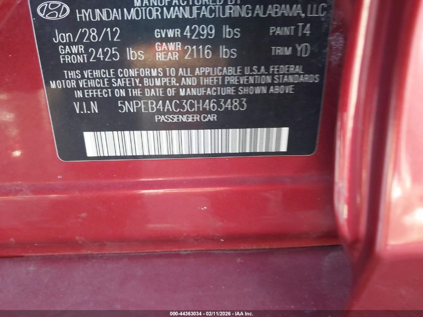 2012 Hyundai Sonata Gls VIN: 5NPEB4AC3CH463483 Lot: 44363034