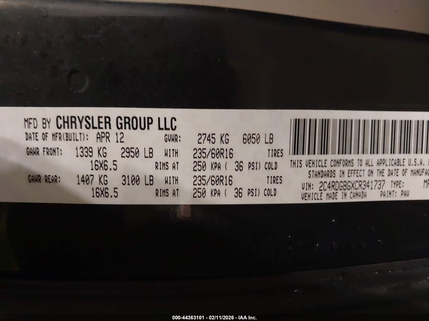 2C4RDGBGXCR341737 2012 Dodge Caravan 3.6 Grand Se/Avp black