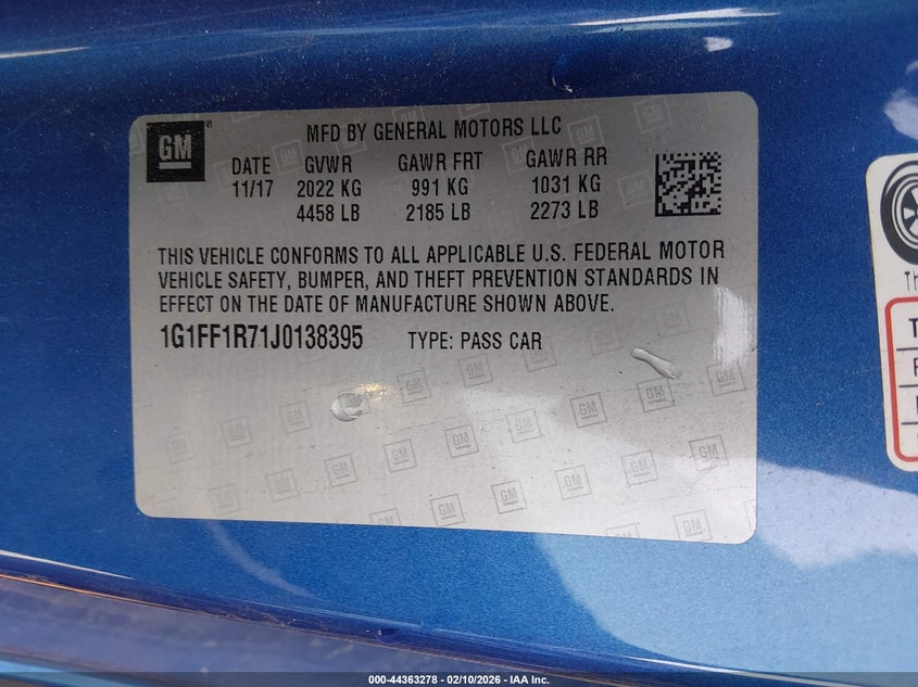 2018 Chevrolet Camaro 1Ss VIN: 1G1FF1R71J0138395 Lot: 44363278