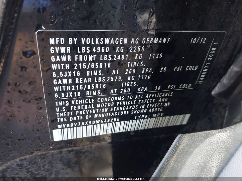2013 Volkswagen Tiguan S VIN: WVGBV7AX9DW549256 Lot: 44363448