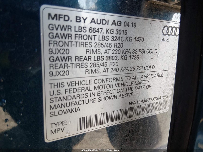 2019 Audi Q7 55 Premium VIN: WA1LAAF77KD041283 Lot: 44363724