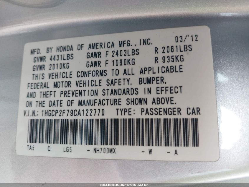 2012 Honda Accord 2.4 Ex VIN: 1HGCP2F79CA122770 Lot: 44363945