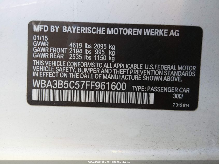 2015 BMW 328I xDrive VIN: WBA3B5C57FF961600 Lot: 44364197