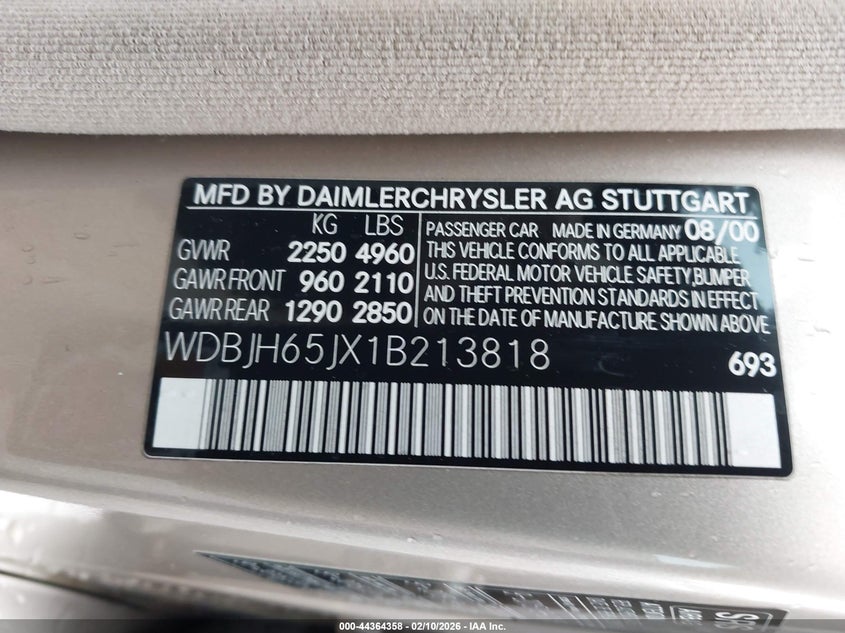 2001 Mercedes-Benz E 320 VIN: WDBJH65JX1B213818 Lot: 44364358