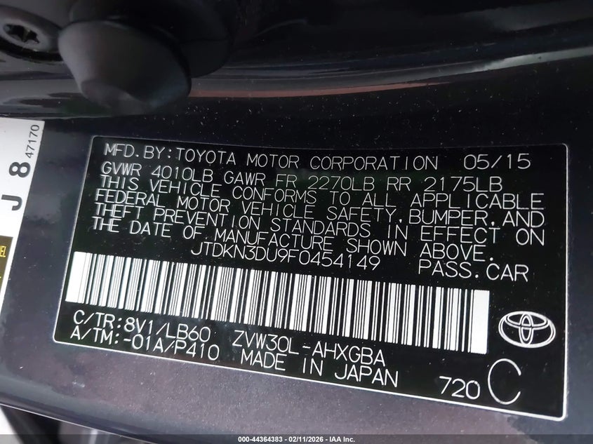 2015 Toyota Prius Four VIN: JTDKN3DU9F0454149 Lot: 44364383