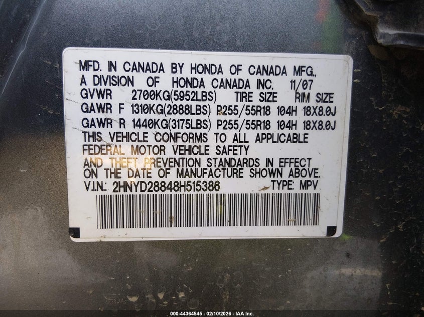 2008 Acura Mdx Sport Package VIN: 2HNYD28848H515386 Lot: 44364545