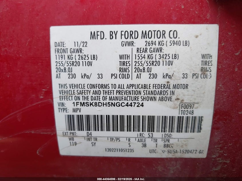 2022 Ford Explorer Xlt VIN: 1FMSK8DH5NGC44724 Lot: 44364596