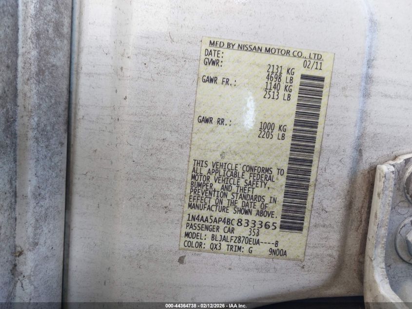 2011 Nissan Maxima 3.5 Sv VIN: 1N4AA5AP4BC833365 Lot: 44364738