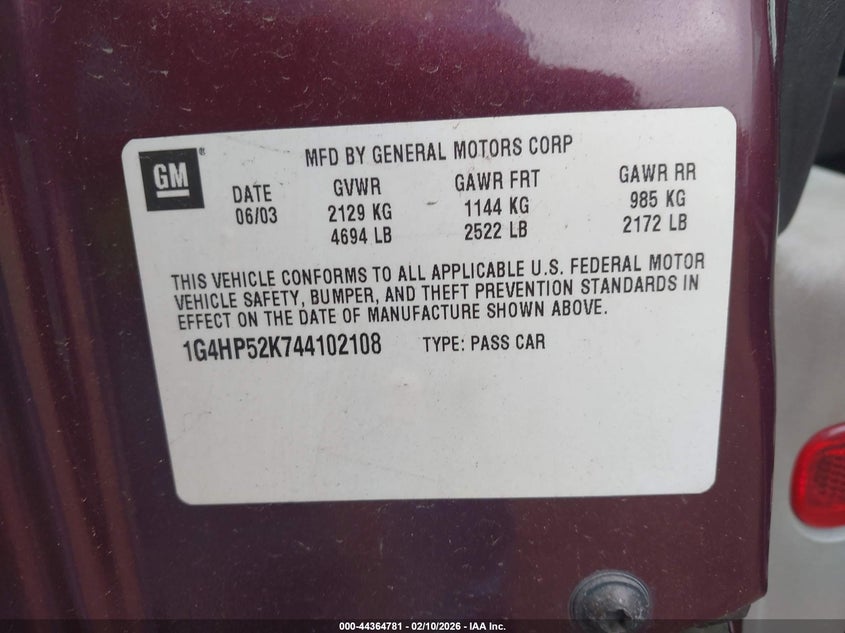 2004 Buick Lesabre Custom VIN: 1G4HP52K744102108 Lot: 44364781